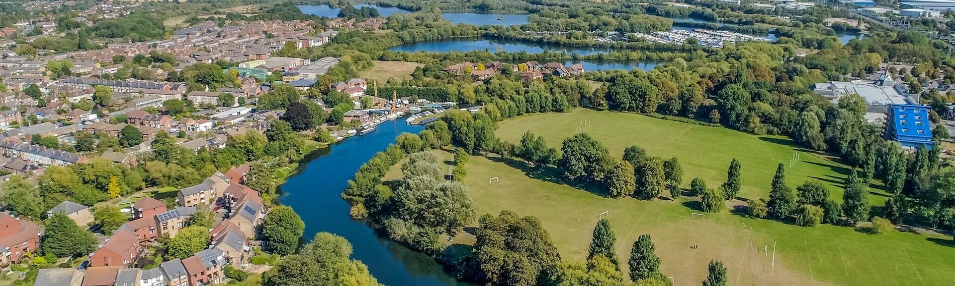 Aerial view of river running through Reading, UK