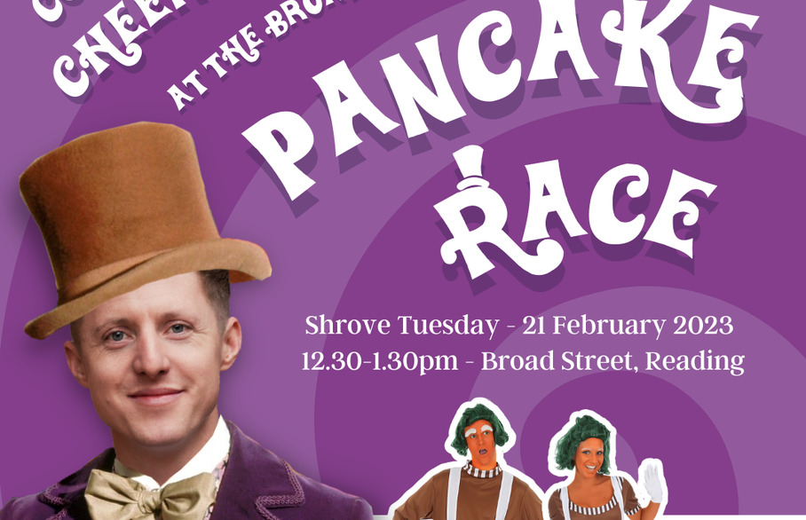 Willy wonka themed poster about the pancake race with wonka and two oompa loompas