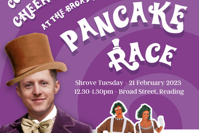 Willy wonka themed poster about the pancake race with wonka and two oompa loompas