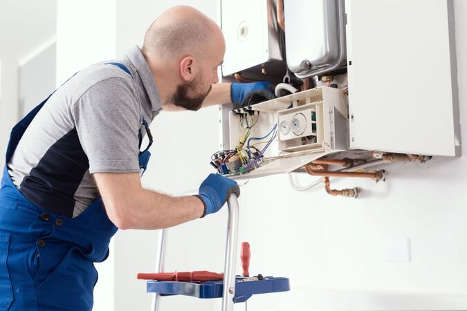 A gas engineer servicing a boiler 