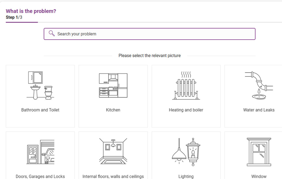 Opening page of Davis Tate tenant repair reporting tool