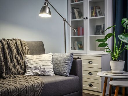 Couch with a reading lamp and bookcase